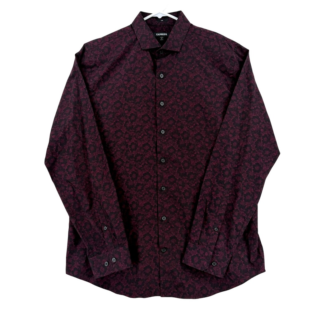 Express Shirt Mens Large 16-16.5 Red Floral Slim Fit Long Sleeve Dress‎ Cotton